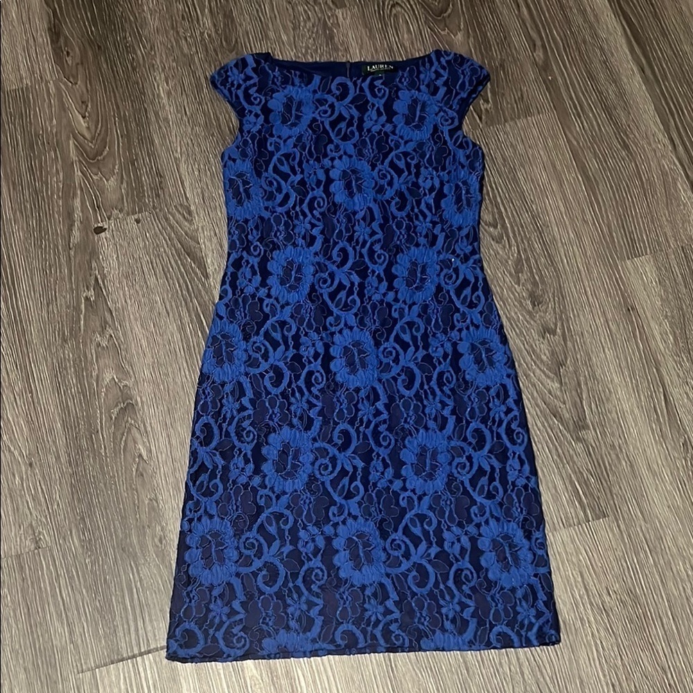 Lauren Ralph Lauren Blue Sheath Midi Dress Bateau Neckline
